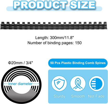 PATIKIL 20mm (3/4") Plastic Binding Combs, 50 Pcs 21 Rings Comb Binding Spines 150 Sheet Capacity Letter Size for Binding Paper Sheets Notebook Calendar Picture Album, Black