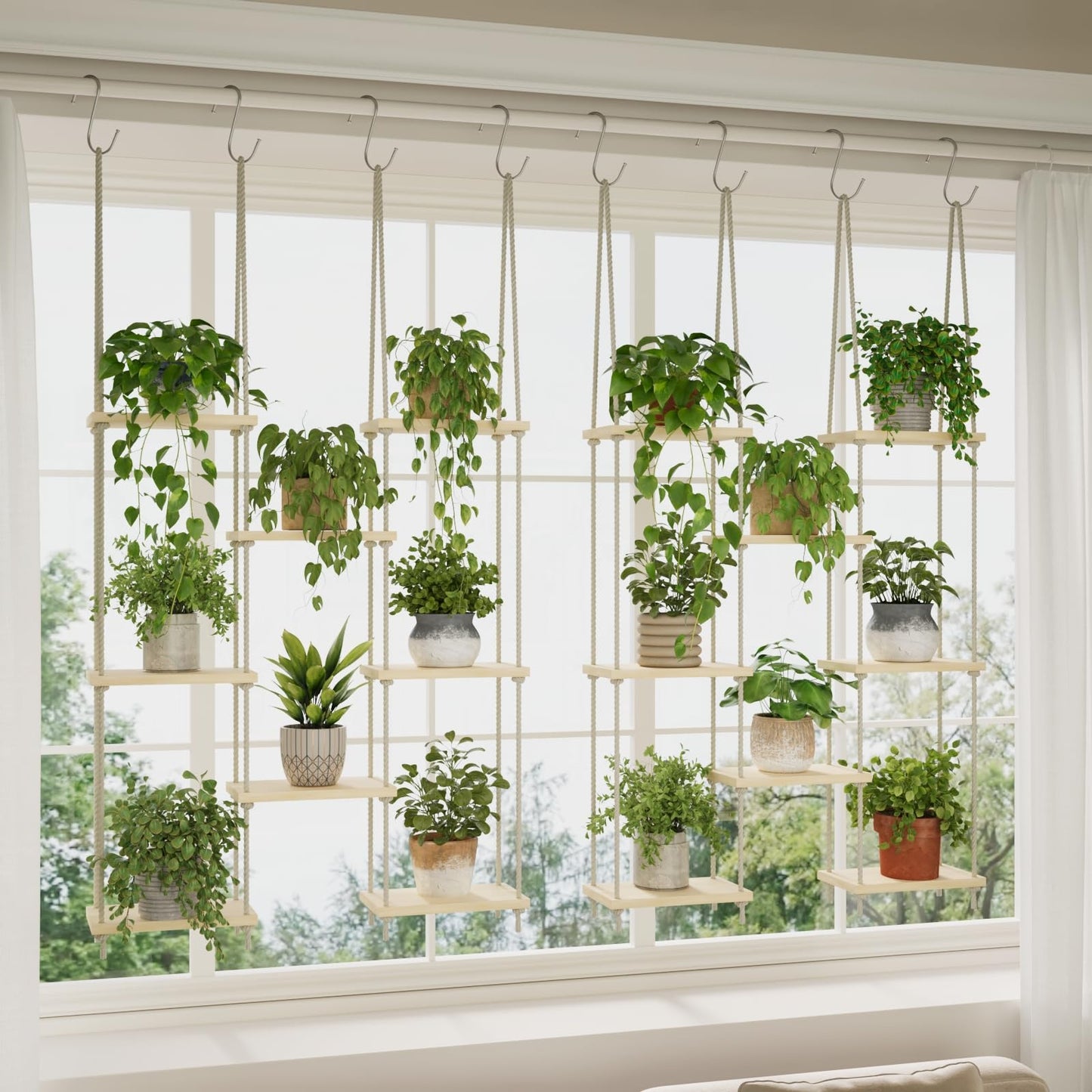 Window Plant Shelves, 8 Tier Window Sill Shelf for Plants, Macrame Hanging Plant Stand Indoor, Plant Hanger Floating Shelves, Window Plants Holder Boho Decor Living Room Bedroom Wall Decor (2 Pack)