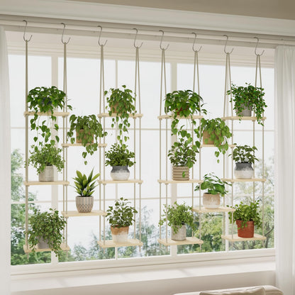 Window Plant Shelves, 8 Tier Window Sill Shelf for Plants, Macrame Hanging Plant Stand Indoor, Plant Hanger Floating Shelves, Window Plants Holder Boho Decor Living Room Bedroom Wall Decor (2 Pack)