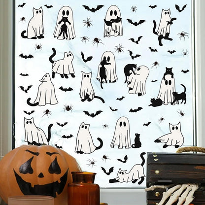 6 Sheets Halloween Window Clings Ghost Window Stickers Halloween Cute Black Cat Bat Designs Double-Side Glass Decals for Home Office Party Favor Windows Glass Decoration Supplies