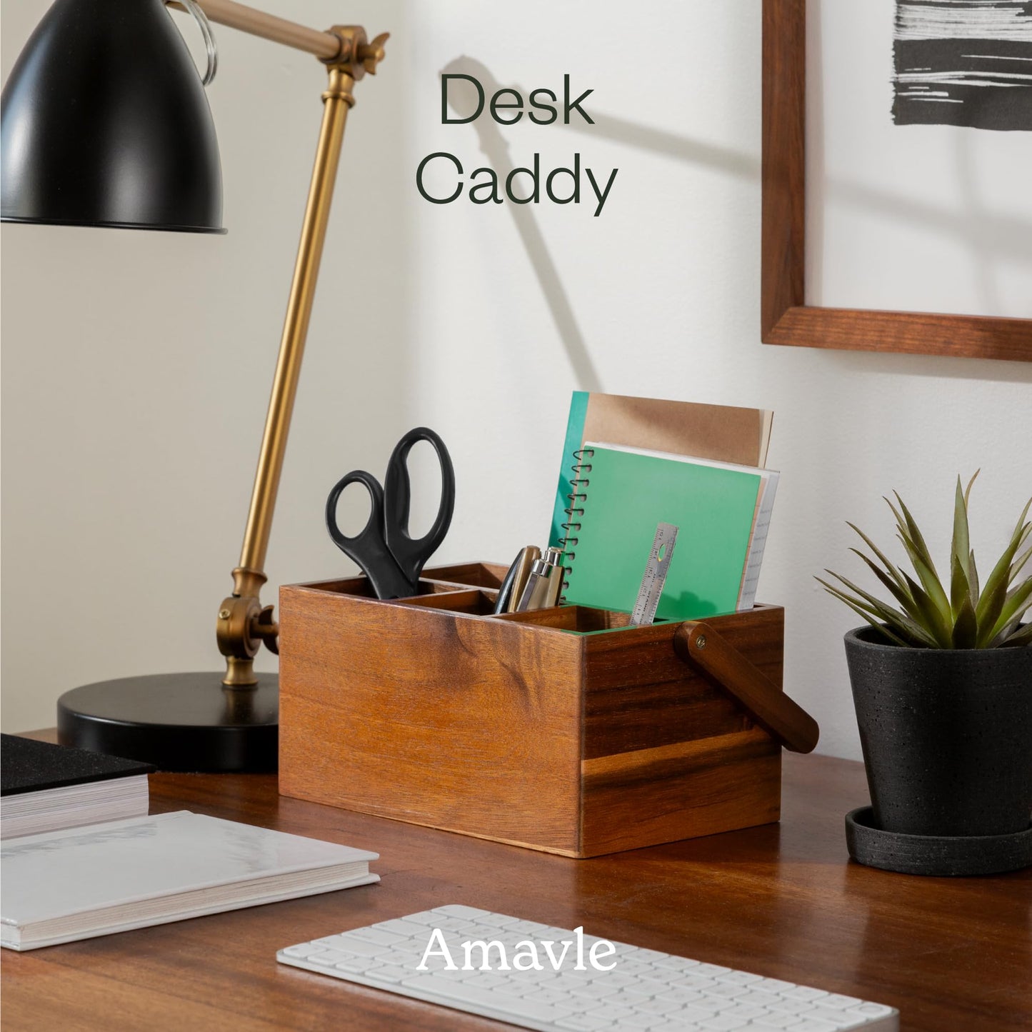 Amavle Acacia Wood Utensil Caddy with Handle, Wooden Silverware Holder, Multi-purpose Organizer for Kitchen, Office, Bathroom, Bedroom