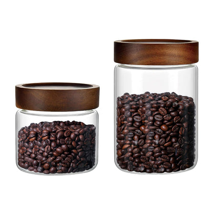 Brighomrom Set of 2 Glass Food Storage Jars, Premium Clear Glass Container Jar with Airtight Wooden Screw-on Lid, Kitchen Canisters for Coffee,Tea,Pasta,Cookies, Nuts,Spice,Candy,Overnight Oatmeal