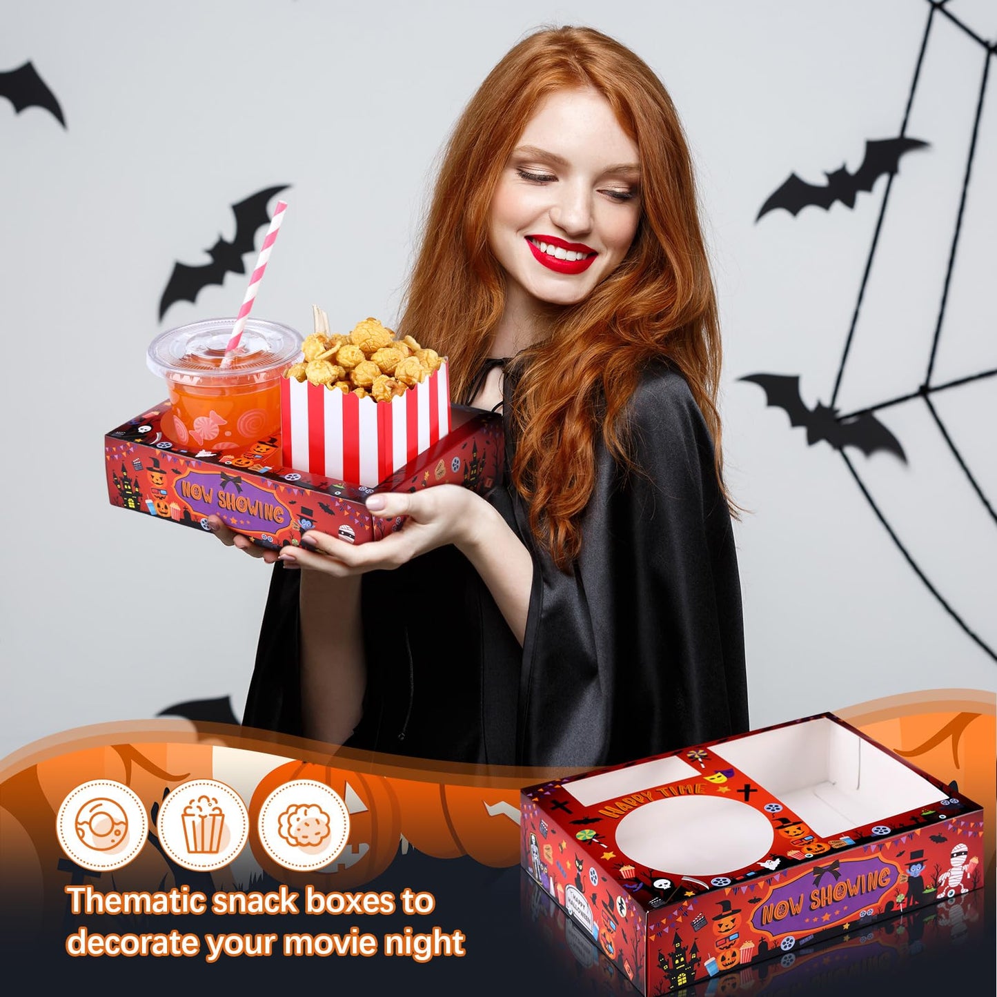 Faccito 36 Pcs Movie Night Snack Trays Theater Snack Boxes Disposable Cinema Paper Holder Movie Night Neon Glow Party Supplies for Popcorn Food Candy Drink Party Favors(Red Black,Pumpkin Style)