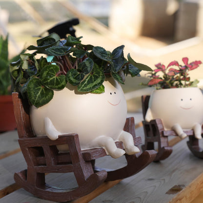 UMESONG Smily Face Planter Pot Cute Resin Flower Head Planters for Indoor Outdoor Plants Unique Sitting Rocking Chairs Succulent Pots for String of Pearls Plant Live Gift Ideals with Drainage Hole