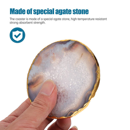 Kichvoe Natural Grey Agate Slice Coaster - Golden-Plated Drink Coaster for Home Decor & Table Protection - 3.54 X 3.34 Inches