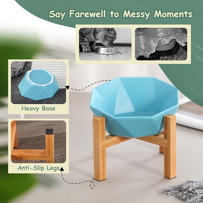 Green with Stand Ceramic Tilted Elevated Raised Pet Bowl with Bamboo Stand for Cats and Dogs No Spill Pet Food Water Feeder