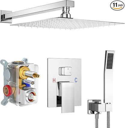 Polished Chrome Shower System with 12-Inch Rain Showerhead and Handheld | Innovative air-injection technology for low pressure, high-flow rate up to 3.22 GPM ensuring powerful consistent stream