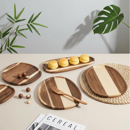 Okllen Set of 5 Small Acacia Wood Serving Platter and Trays, Irregular Oval Solid Wood Plates Serving Tray, Lightweight Wood Dinner Plates for Breakfast, Coffee, Tea, Snack, 6.3~11.7" L, 5.1~8.2" W