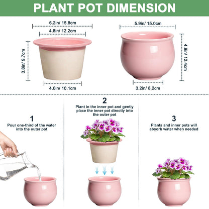 Teagas African Violet Pots, 6 Inch Ceramic Easy Self Watering Pots with Absorbent Inner Pot, Round Ceramic Planter for Indoor Plants, Small Flower Pot, Home Decor, Gifts for Plant Lovers, Pink