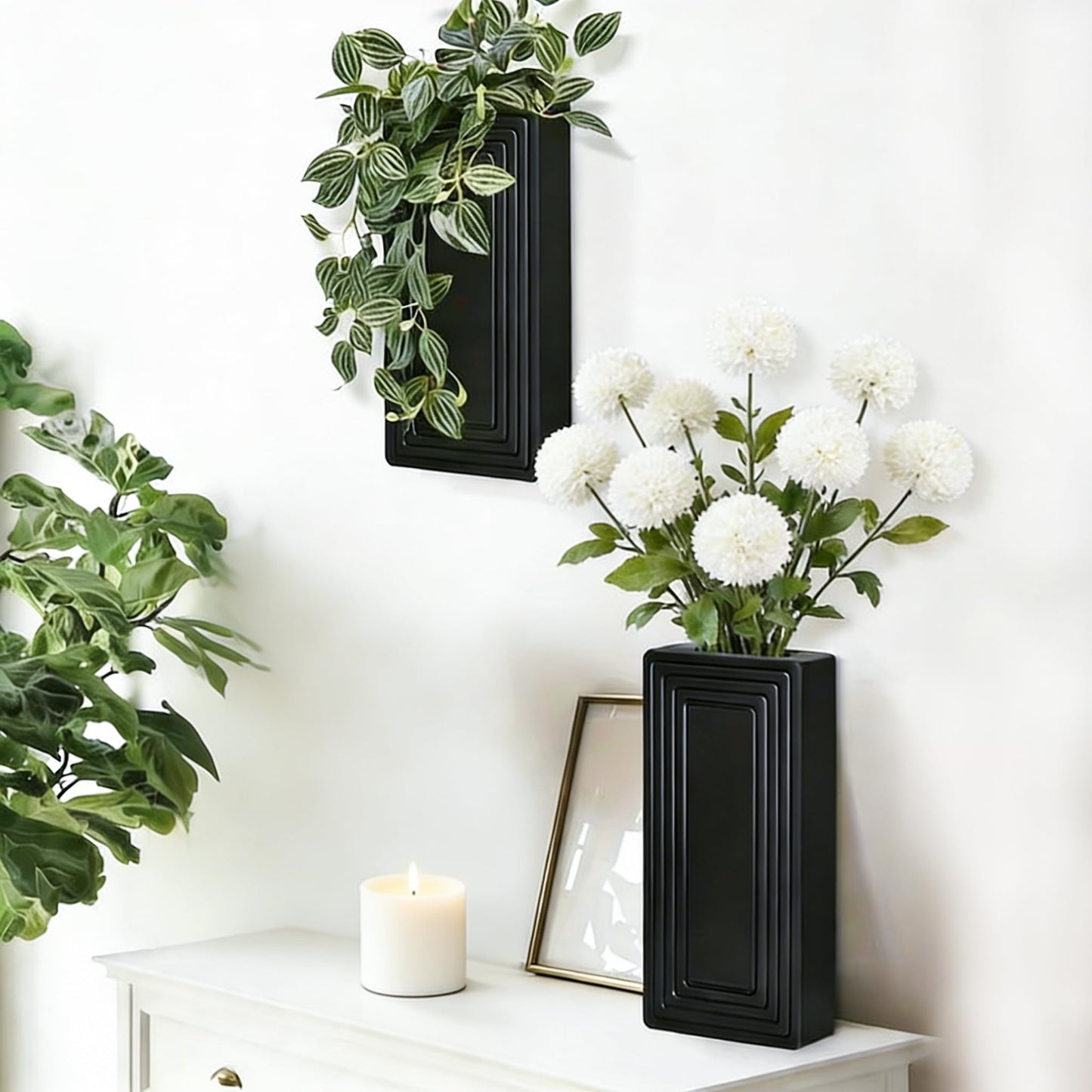 FancyPlus Wooden Wall Planter Vase,2 Pack Hanging Planter for Indoor Fake Plants Modern Boho Farmhouse Wall Art Decor for Home Indoor Kitchen Modern Farmhouse Bathroom Living Room Dining Room(Black)