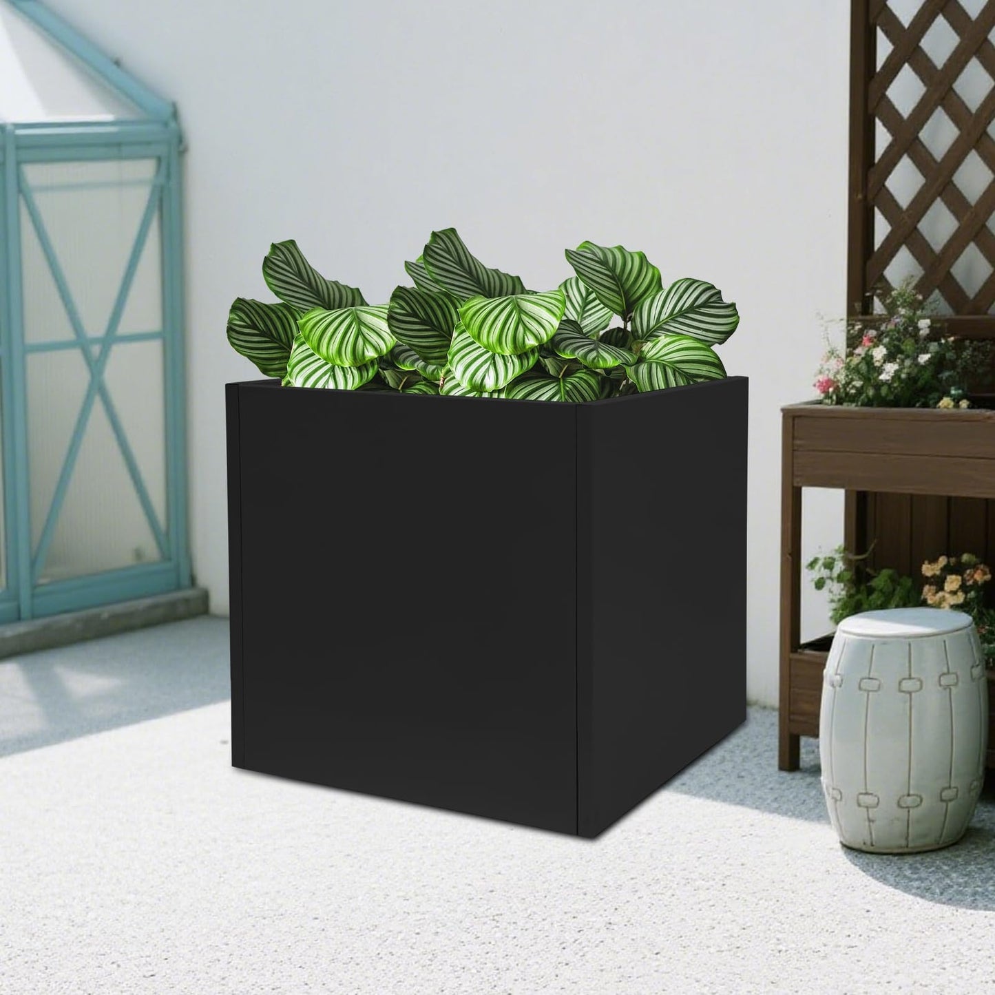 Large Outdoor Planters Metal Planters for Outdoors, Square Metal Planter Box 26"L x 26"W x 26"H, Steel Planter Box with Removable Insert Shelf, for Porch, Garden, Patio (26"L x 26"W x 26"H - Black)