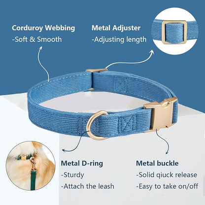 Soft Corduroy Dog Collar and Leash Set Adjustable Durable Dog Collars with Metal Buckle and Lead for Small Dogs,Royal Blue
