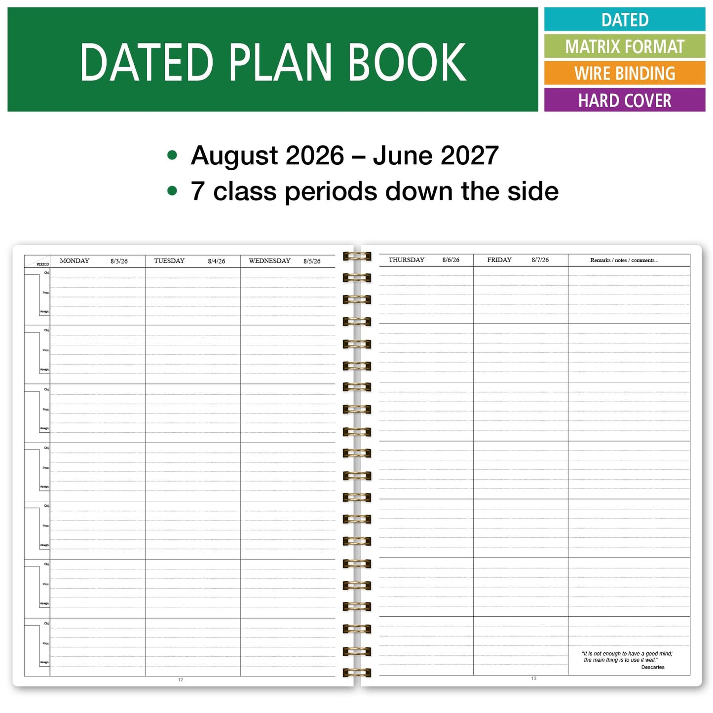 Elan Publishing Company HARDCOVER 7 Period Dated Teacher Lesson Plan; Days Horizontally Across The Top Dated for 2026-2027 Academic Year with Bonus Clip-in Bookmark (Black Tree Seasons)