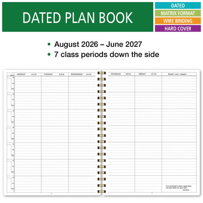 Elan Publishing Company HARDCOVER 7 Period Dated Teacher Lesson Plan; Days Horizontally Across The Top Dated for 2026-2027 Academic Year with Bonus Clip-in Bookmark (Black Tree Seasons)