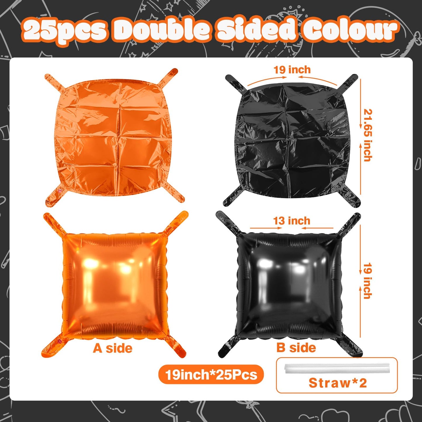 NISOCY 25PCS Halloween Black Orange Square Foil Balloons Wall Backdrop Double Sided Black Orange Balloons Arch Kit for Birthday Graduation Baby Shower Anniversary Party Decorations