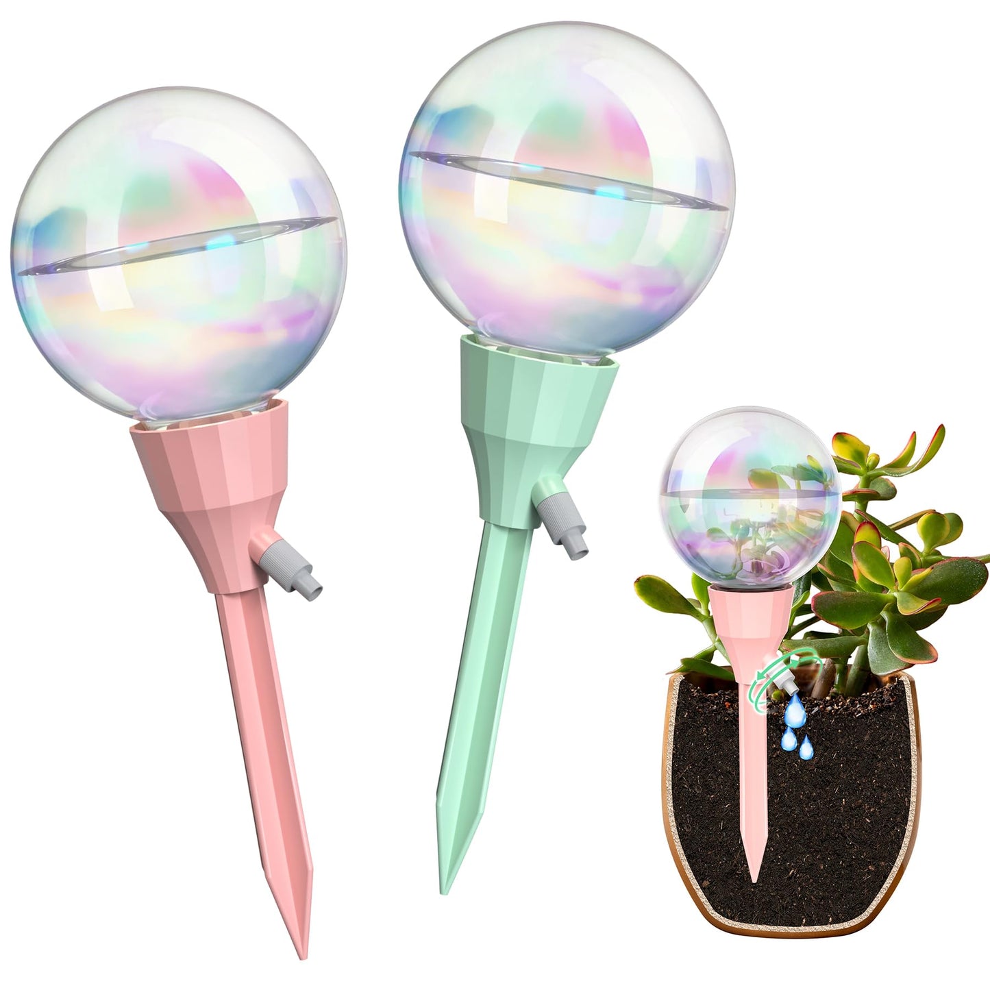 NiHome 2PCS 16OZ Plant Self-Watering Drippers with Adjustable Flow Control, Long-Lasting Automatic Watering Globes for Indoor Outdoor Plants, Tulip Shape Design for Small to Medium Pots (Pink + Green)