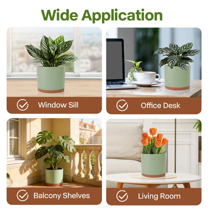 GARDIFE 10/9/8 Inch Modern Cylinder Planter, Plant Pots for Indoor Outdoor Plants, Flower Pots with Drainage Holes and Saucers for Garden Succulent Nursery House Plants (Green-Brown)