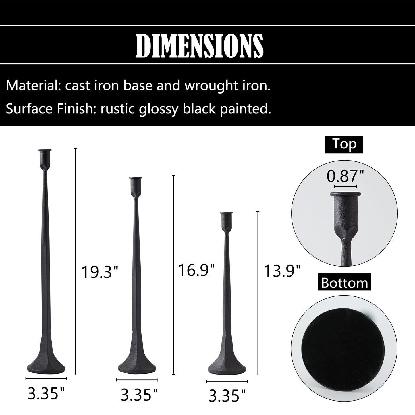 Denique Iron Taper Candle Holder Set of 3, Black Candlestick Holders 19.3”17” 14” Heightening Decorative Candle Stand Set for Wedding, Dining Table, Home Decoration (Black)