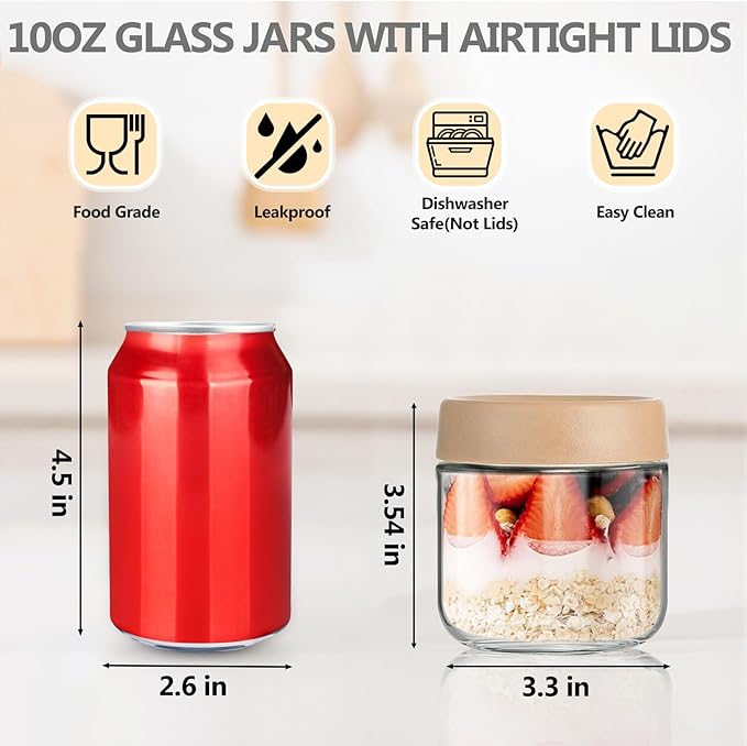 TBWIND 12 Pack Overnight Oats Containers with Lids, 10oz Glass Mason Jars with Airtight Lids, Wide Mouth Food Storage Containers for Yogurt, Chia Pudding, Salads, Snacks & Meal Prep