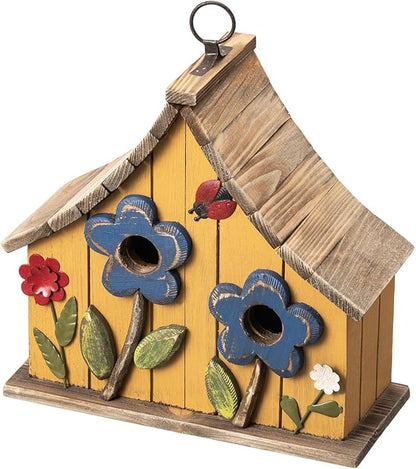 Glitzhome Bird Houses for Outside, 10.75" L Distressed Solid Wood Hanging Birdhouse with 3D Flowers Rustic Two-Story Townhouse Hand-Painted Garden Bird Houses for Outdoors,Washed Yellow