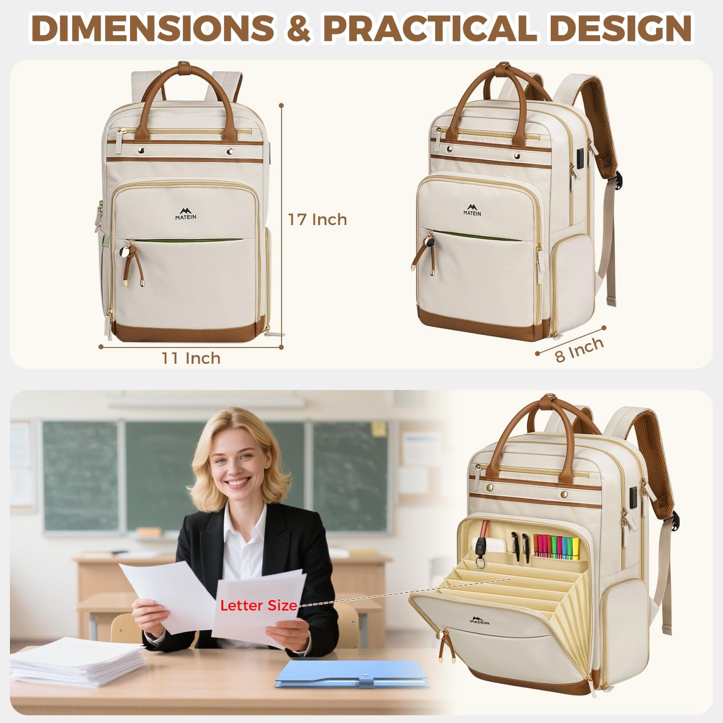 MATEIN Teacher Backpack with Lunch Compartment Detachable, 15.6 Inch Laptop Backpack with Organized Pocket, College Computer Work Backpacks Meal Prep Bag Gift for Women Nurse Commute Office