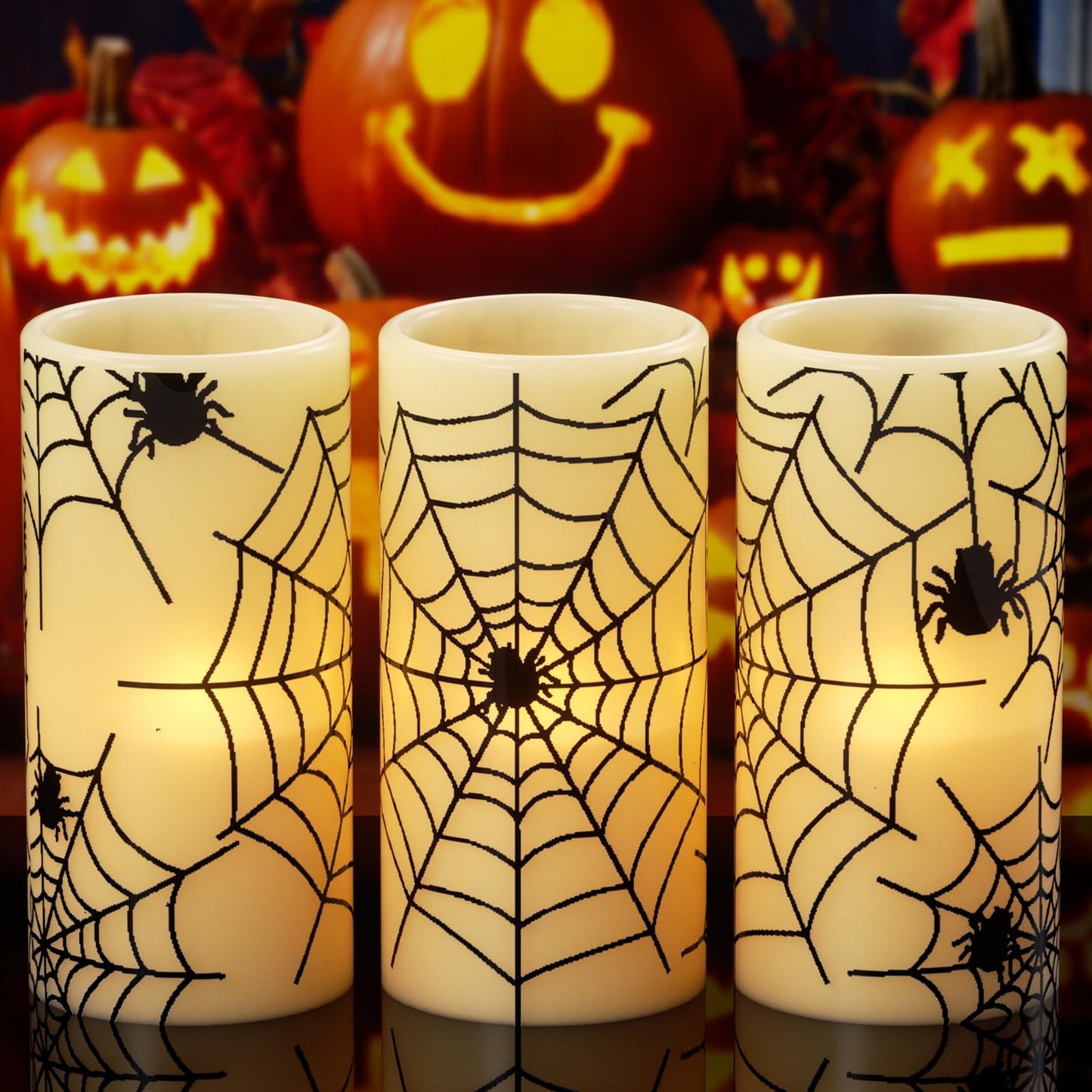 GenSwin Halloween LED Flickering Flameless Candles Battery Operated with Spider Decals, 3 Pcs Pillar Candlestick Real Wax with 6H Timer for Decoration