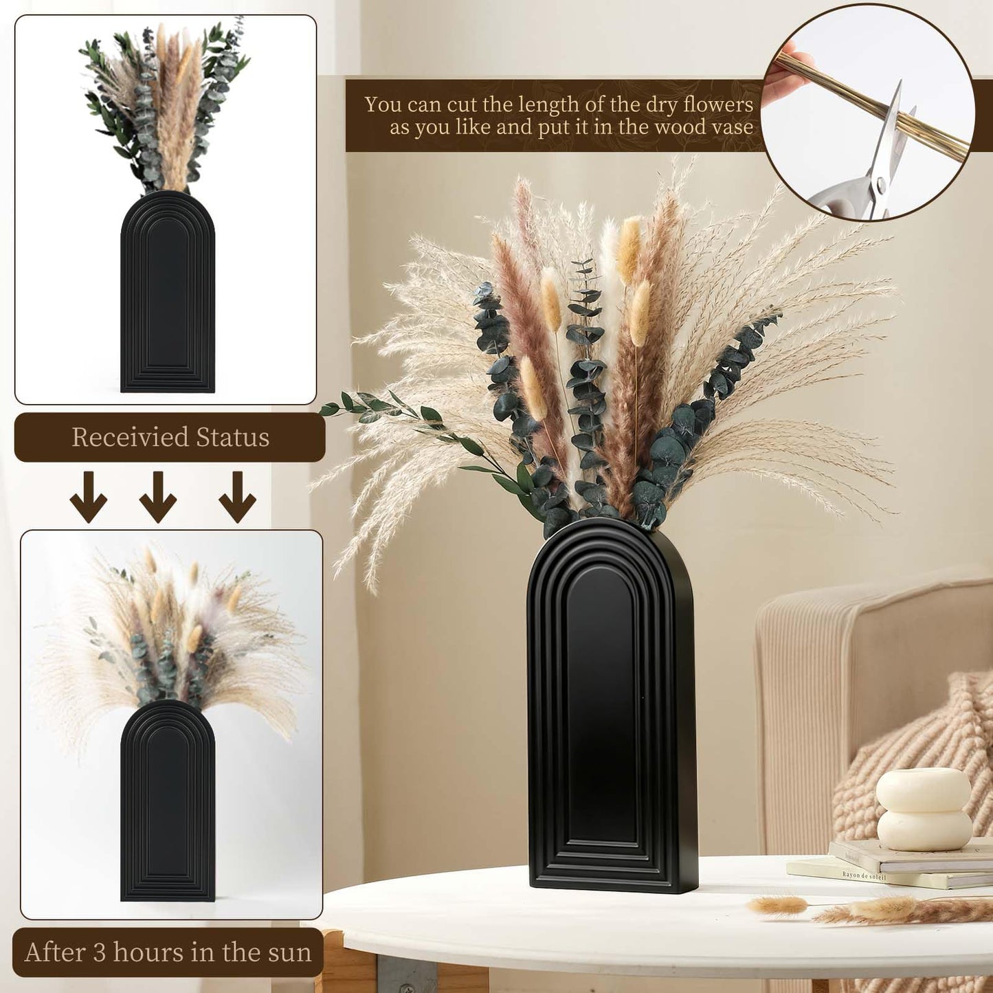 2 Pack Wooden Wall Vase Set with Pampas Grass Eucalyptus, Modern Farmhouse Boho Wall Decor for Living Room, Entryway, Hallway, Bathroom, Dining Room, Black Wall Art for Home Decoration