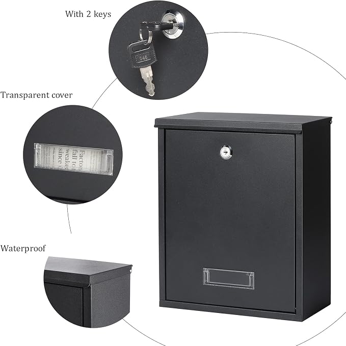 Jssmst Locking Mailbox Wall Mount Key Lock Drop Box Large Capacity with Galvanized Steel Cover and Rust-Proof Metal Post Box, Black Matt, SM-0702LK,Medium