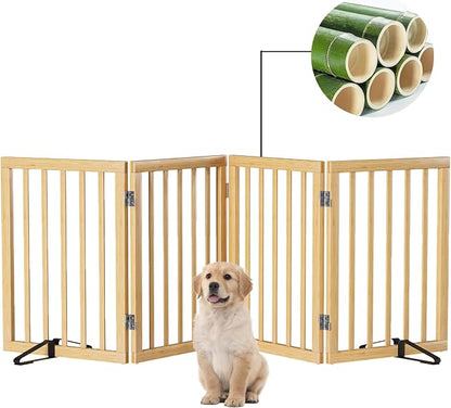 Semiocthome Solid Bamboo Dog Gate with 2 Stands, Freestanding Pet Gates for Doorways and Stairs, 24" Height-4 Panels Puppy Gate for The House, Fully Assembled Indoor Gate Safety Fencee - Natural