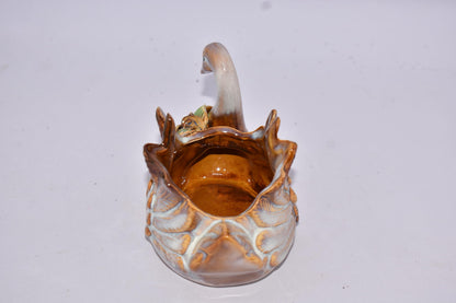 New Beautiful 5" White Swan Bird with Raised Flowers and Leaves Reactive Glaze Plant, Succulent, Cactus Planter Pot,Air Plant, Bamboo