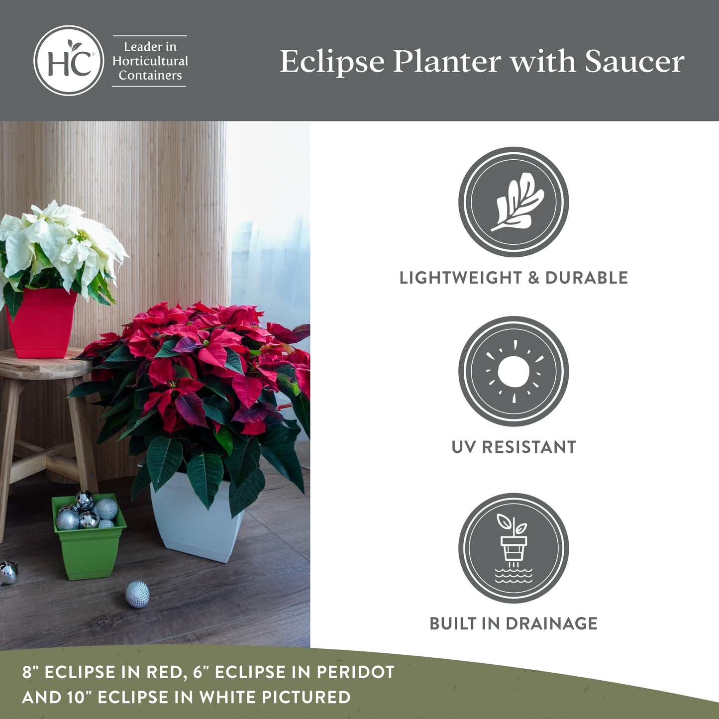 The HC Companies Eclipse Square Plastic Planter w/ Attached Saucer - Outdoor & Indoor Plant Pot with Drainage Holes - Lightweight, UV-Resistant Plastic Pots For Plants (12" Black, Pack of 1)