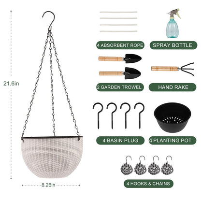 4 Sets of 8.2 Inch Self Watering Hanging Planter Flower Pots, Suitable for Indoor and Outdoor Plant Flower, Basket Flower Pots with Hanging Chains, Spray Bottles, Planting Tools, Hook (White)