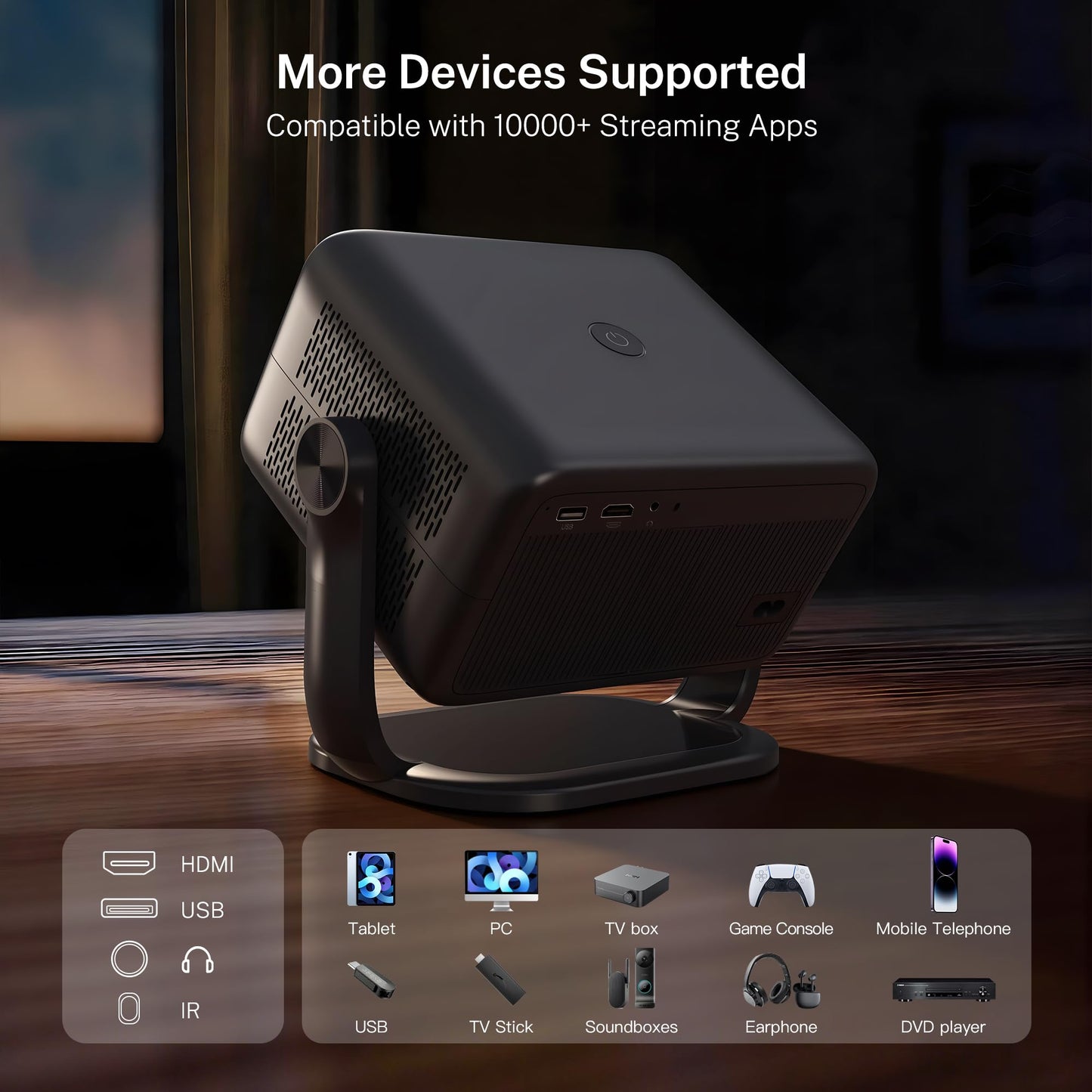 Smart Projector with WiFi 6 and Bluetooth 5.4, 800 ANSI Native 1080P Portable Mini Projector with Auto Focus & Keystone, 360° Rotatable for Bedroom Home Theater Outdoor Movie X6 Black