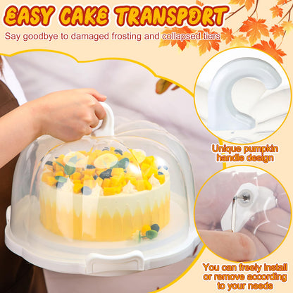 Zhehao 10 Inch Fall Cake Carrier Holds, Pumpkin Cake Stand with Lid and Handle, Halloween Autumn Harvest Plastic Transport Storage Container, Suitable for Transporting Pies, Cupcakes and More(White)