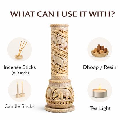 Carry Me Hand Carved Soapstone Incense Stick Holder | Candle Burner | Tea Light Stand. Elephant Jaali Carving Bottle Shape. Decorative Home and Kitchen Decor - (3x3x10.5 Inches)