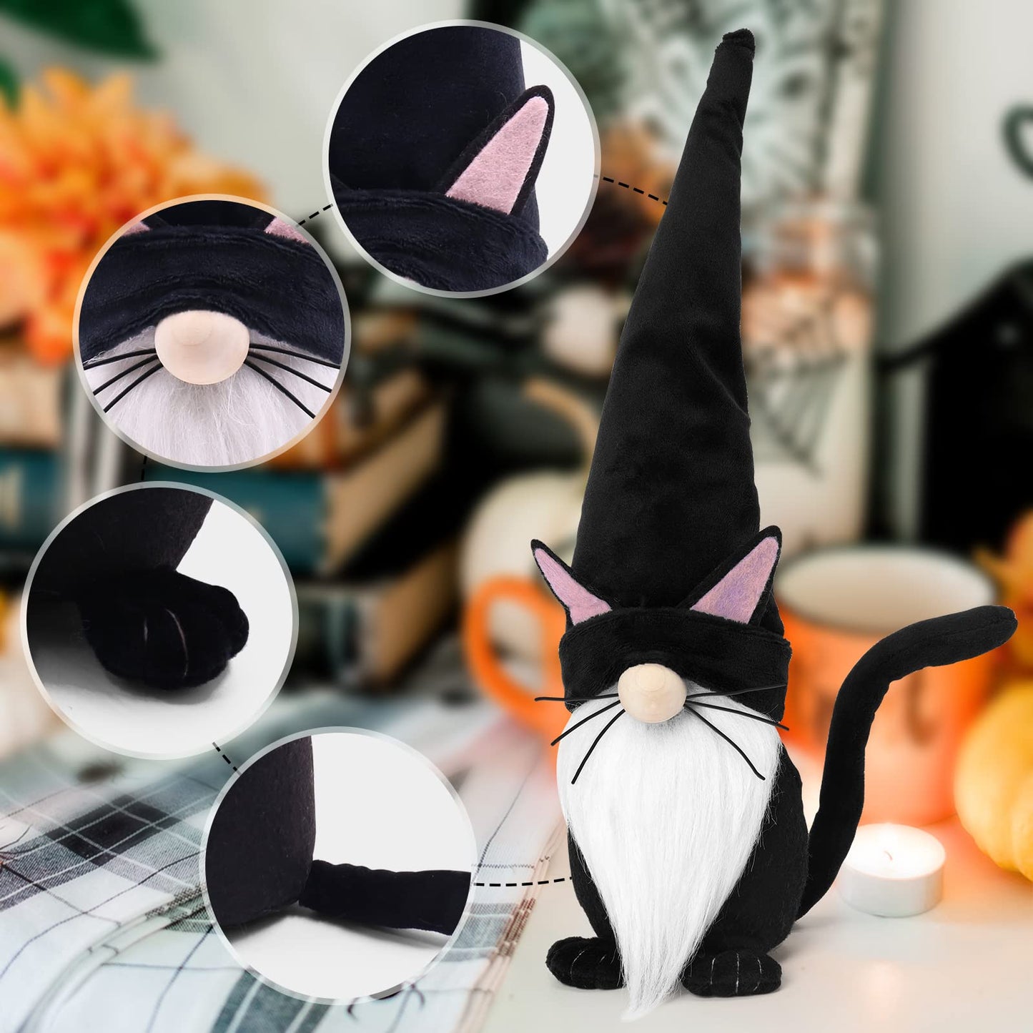 Upltowtme Black Cat Gnome Plush 13.5" Handmade Scandinavian Tomte Figurine Halloween Christmas Gnomes Spring Farmhouse Decor Ideal Gift for Women and Cat Lovers