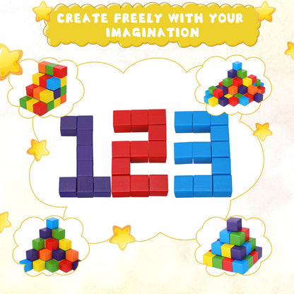 Libima 100 Pcs 1.2 Inch Wooden Building Blocks Stacking Game, Rainbow Wood Blocks Set Square Colorful Wooden Cubes Counting Large Learning Educational Toys for Math Boys Girls