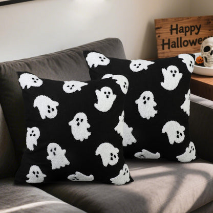 2PCS Halloween Pillow Covers 18 x 18 Inch White Ghost Throw Pillow Cases 3D Embroidered Cushion Covers Halloween Black Decorative Pillowcases for Sofa Couch Bed Living Room Home Indoor Outdoor Decor