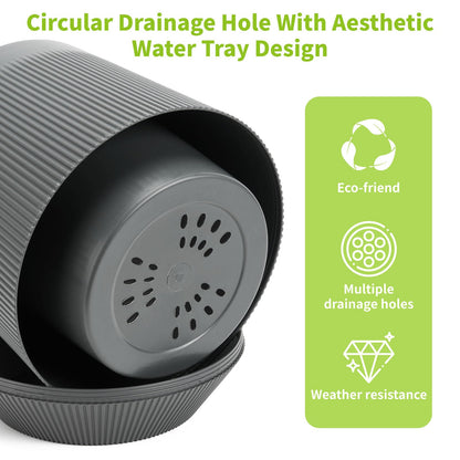 Yaghpy Plant Pots，Set of 3 Plastic Pots for Indoor Plants,Flower Pots Outdoor Planters with Drainage Hole and Seamless Saucer,Gray