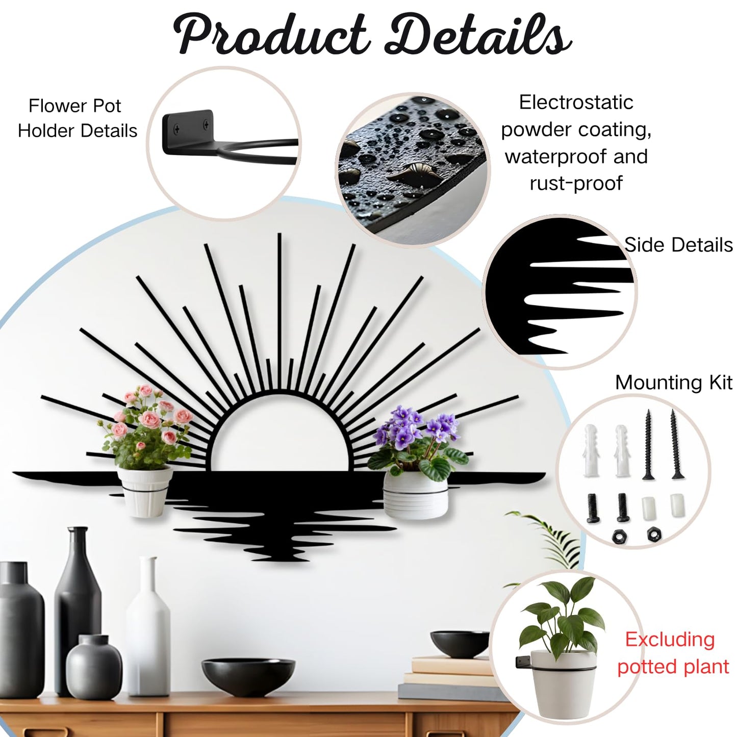 Glethua Sunrise Metal Wall Mount Plant Holder, Sun Wall Plant Holder, Sunshine Metal Hanging Planter for Living Room, Kitchen, Bathroom (Gold, 59"x 35"| 150x89cm, 4 Pack 4" Flower Pot Holder Ring)
