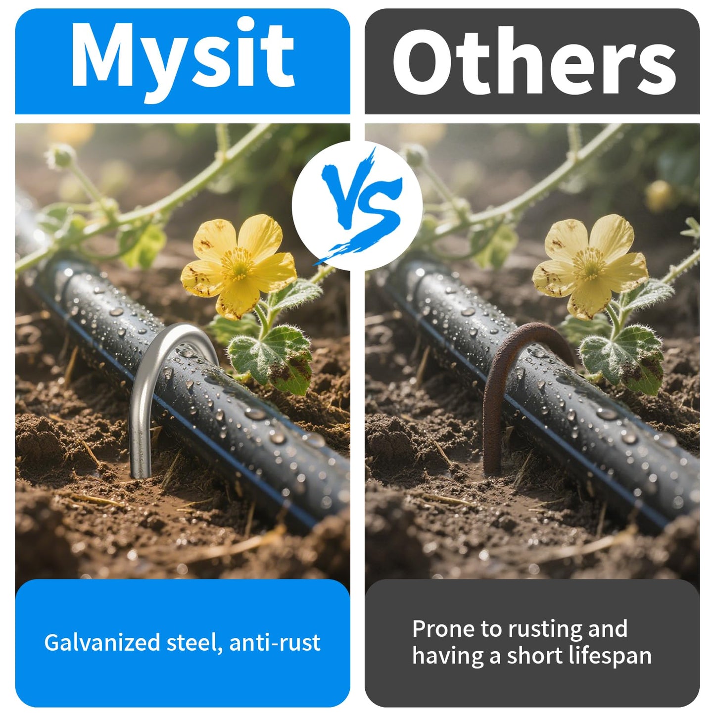 MySit 200 Pack 4 Inch Garden Stakes, Galvanized Drip Irrigation Stakes U Shaped Landscape Staples Ground Stakes for 1/8" to 1/2" Soaker Hose,Irrigation Tubing, Garden Hose, Weed Barrier