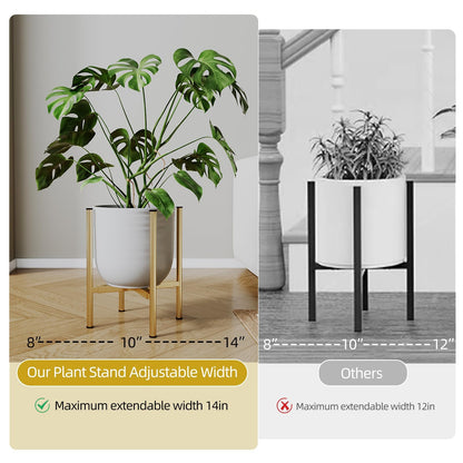 Rioneta Adjustable Metal Plant Stand Indoor, 8 to 14 Inch Pots Mid Century Modern Outdoor Planter Holder,Heavy Duty 160 LB Load, Corner Floor Small Stand for Home Garden Decor Golden