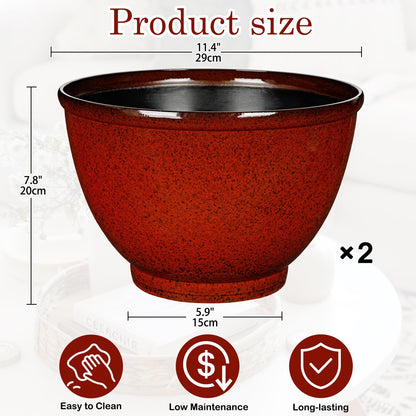 Hollyone Set of 2 Outdoor Planter 11.5 inch Plant Pot Plastic Pots for Plants Planters for Outdoor Indoor Plants with Drainage Hole Round Plant Pot Flower Pots Garden Decorations Dark Red