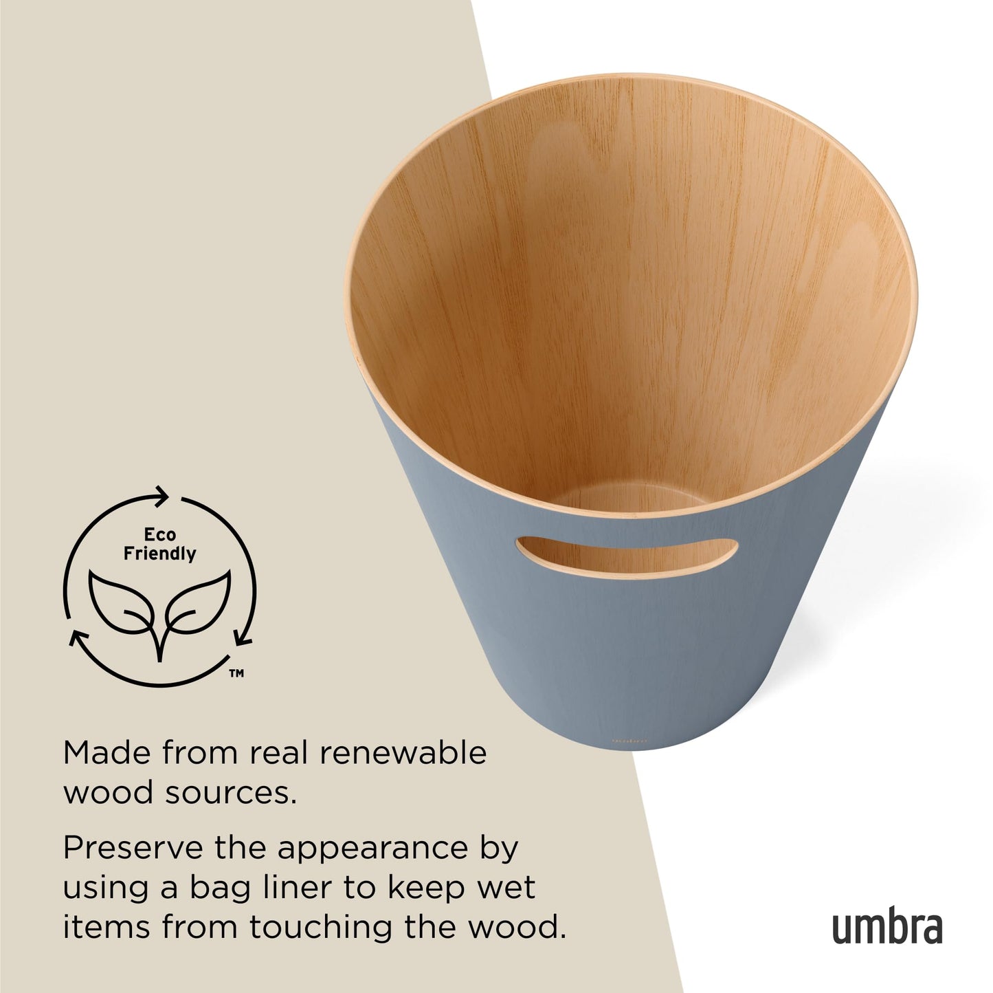 Umbra Woodrow 2-Gallon Modern Wooden Trash Can Wastebasket, Attractive Bin for Garbage or Recycling, Suitable for Home or Office, Slate Blue