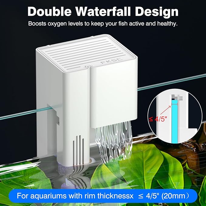 Hang On Back Aquarium Filter for 15 Gallons Fish Tanks, 2-Stage Multi-Stage Filtration with Surface Skimmer, Ultra Quiet HOB Power Waterfall Filter for Freshwater
