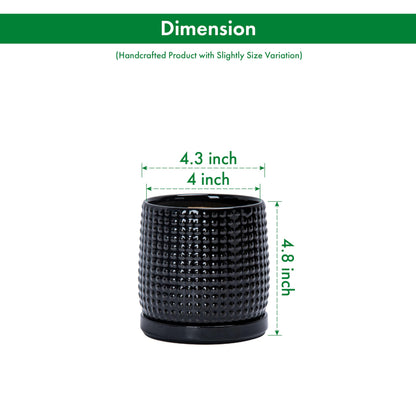 D'vine Dev Set of 2 Ceramic Plants Pots, 4 Inch Beaded Stoneware Flower Pot for Plants with Drainage Hole and Saucer, Glossy Black, 27-E-Z-2