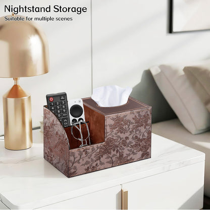 Fanousy Square Tissue Box Cover with Storage, PU Leather Cube Tissue Box Holder, Remote Control Nightstand Organizer, Modern Desk Caddy for End Table, Bathroom, Bedroom, Home, Office Decor