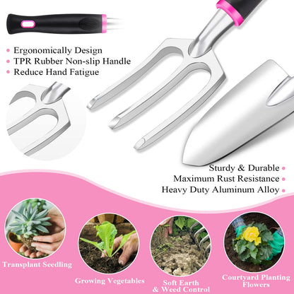 HLWDFLZ Pink Garden Tool Set Gardening Items for Women - 24PCS Heavy Duty Garden Tools with Detachable Storage Bag, Succulent Tool Set, Weeder