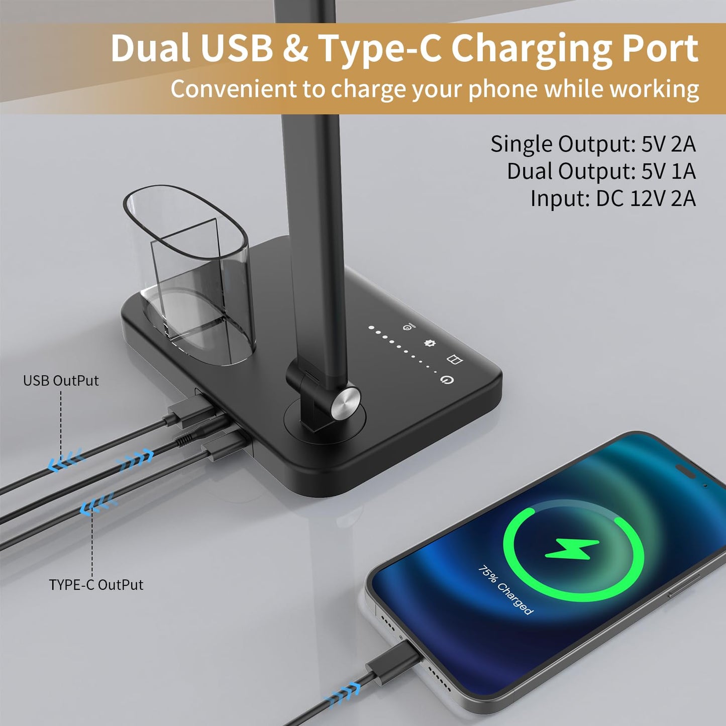 Woputne LED Desk Lamp, Dual Heads, Height Adjustable, USB Charging Port, 5 Light Modes & Dimmable Brightness, Bedside Lamp for Reading, Craft, Work, Study (Black, 15W)