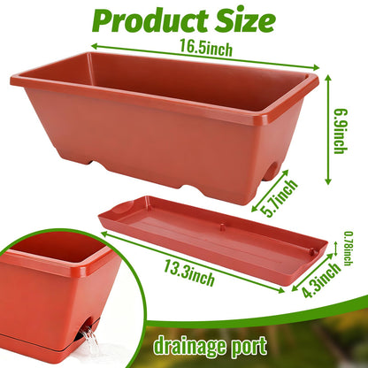 CAKKVDE 7 Pack Window Box Planters, 17 Inch Plastic Rectangular Flower Pots for Indoor/Outdoor Plants, Herbs, Vegetables, Includes Trowel, Waterproof Mat & Gloves (Brick-red)